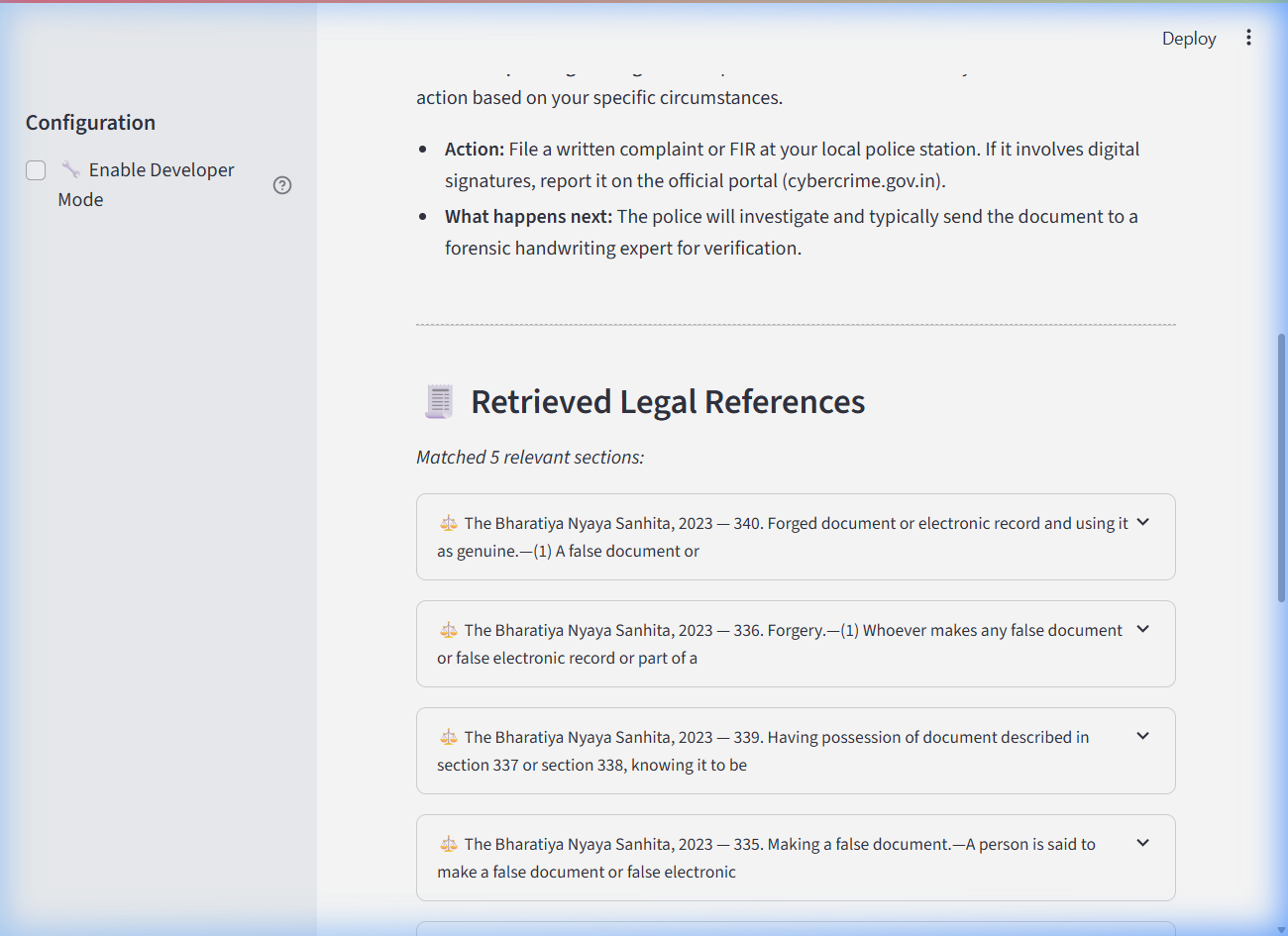LawDecoder Streamlit user chat landing page showing RRF ranks
